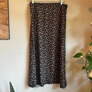 Daisy Street Black Floral Polka Dot Midi Skirt – Size 12 – Side Slit
